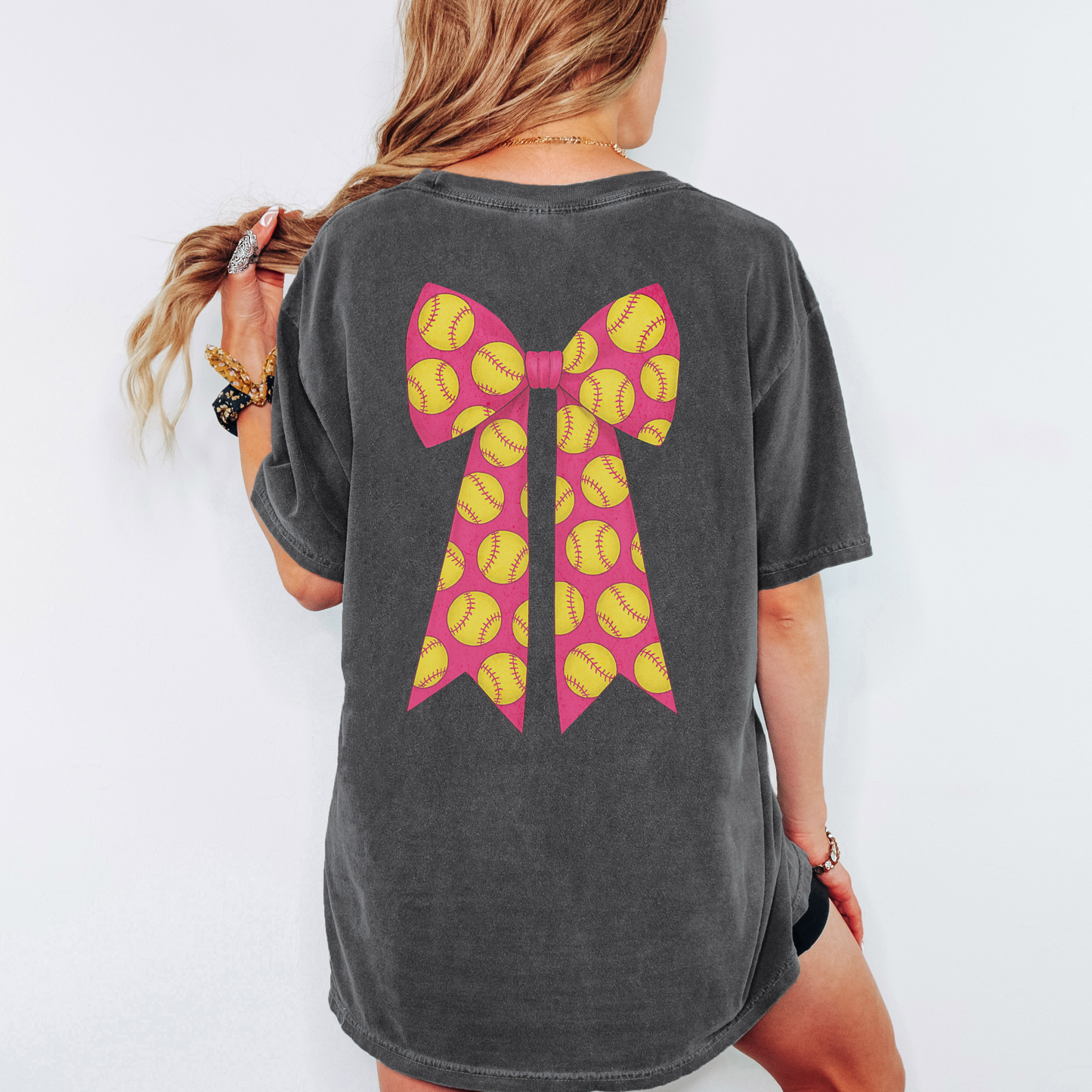 Softball Bow Comfort Colors Shirt – Coquette Game Day Tee, Girly Softball Graphic on Back
