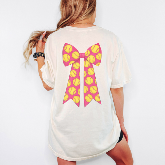 Softball Bow Comfort Colors Shirt – Coquette Game Day Tee, Girly Softball Graphic on Back