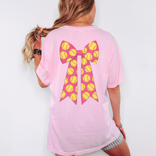 Softball Bow Comfort Colors Shirt – Coquette Game Day Tee, Girly Softball Graphic on Back