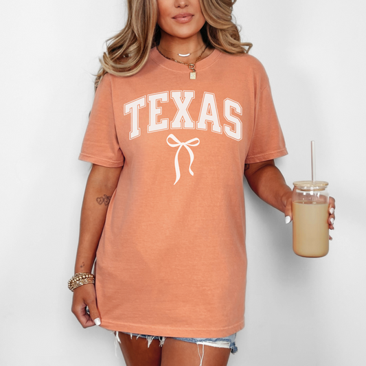 Comfort Colors Texas Bow Tee – Game Day Coquette Shirt