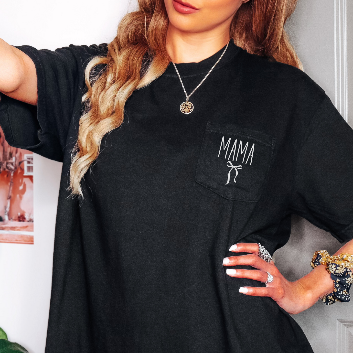 Comfort Colors Mama Pocket Tee with Bow – Cozy Graphic Shirt for Moms
