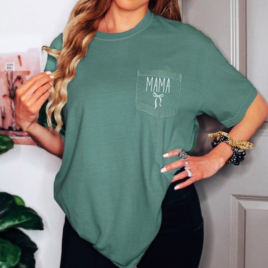 Comfort Colors Mama Pocket Tee with Bow – Cozy Graphic Shirt for Moms