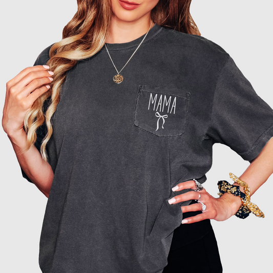 Comfort Colors Mama Pocket Tee with Bow – Cozy Graphic Shirt for Moms