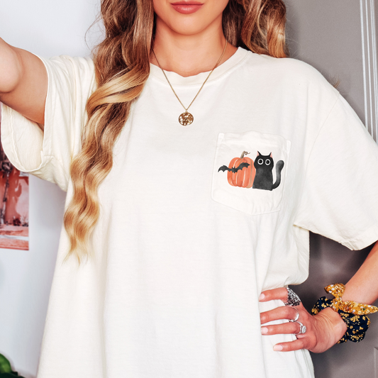 Comfort Colors Halloween Cat Pumpkin Pocket Tee
