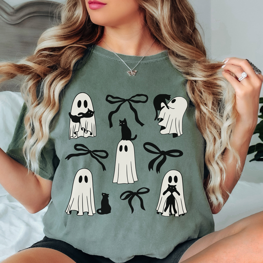 Ghost Cat Halloween Shirt – Cute Black Cat & Bow Graphic – Comfort Colors Tee