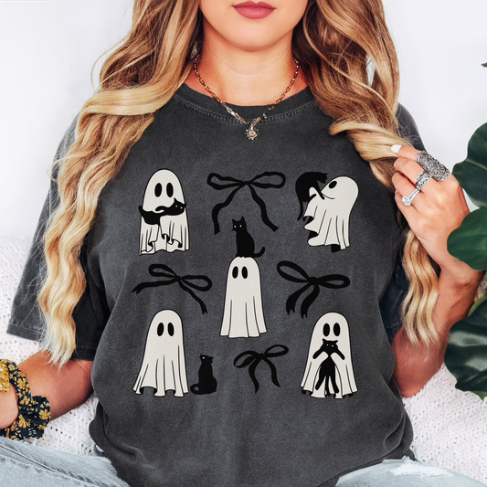 Ghost Cat Halloween Shirt – Cute Black Cat & Bow Graphic – Comfort Colors Tee