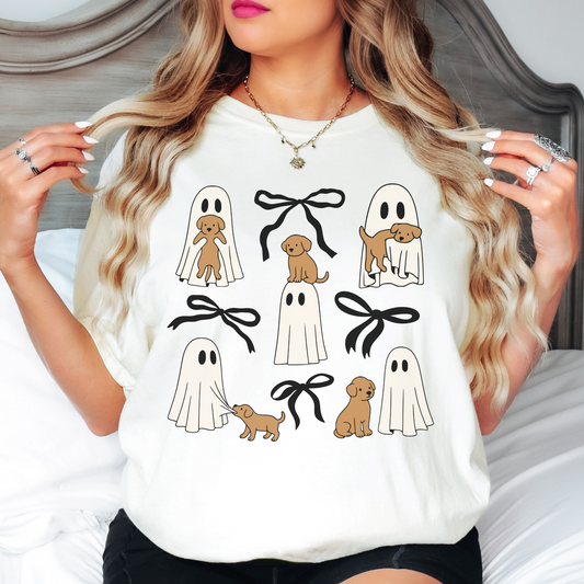 Comfort Colors Ghost Puppy Halloween Shirt – Cute Dog & Bow Graphic Tee