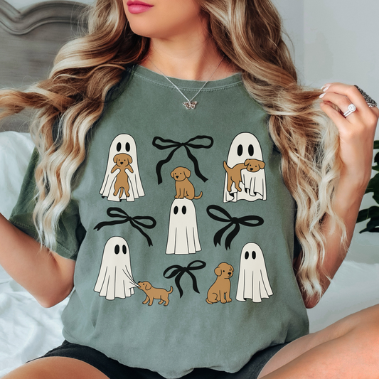 Comfort Colors Ghost Puppy Halloween Shirt – Cute Dog & Bow Graphic Tee
