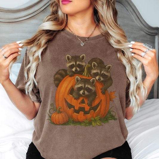 Comfort Colors Halloween Raccoon Pumpkin Shirt | Fall Animal Graphic Tee