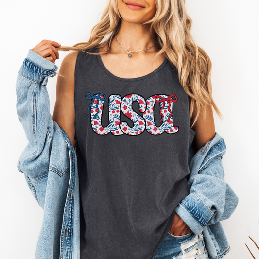 USA Floral Tank Top – Patriotic Sleeveless Comfort Colors Shirt with Coquette Bows