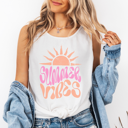 Summer Vibes Tank Top – Comfort Colors Sleeveless Tee, Retro Sun Graphic, Pink and Orange Groovy Shirt