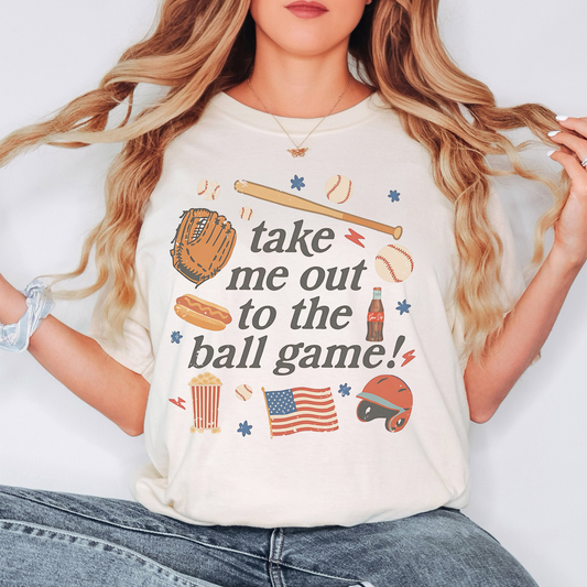 Take Me Out to the Ball Game Comfort Colors Tee – Vintage Baseball Shirt with Hot Dog, Bat, and USA Icons