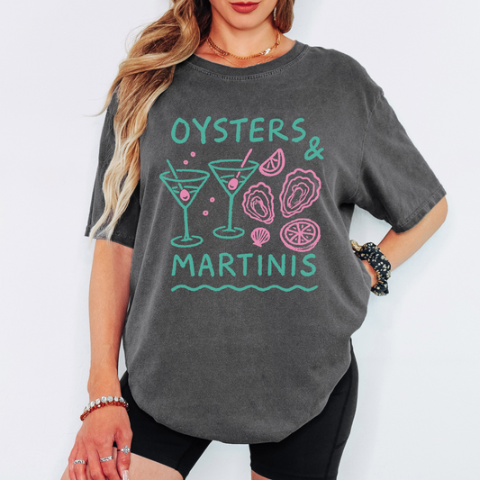 Oysters and Martinis Comfort Colors Shirt – Coastal Bachelorette Tee, Girls Night Out Graphic Tee, Hand-Drawn Summer Party Shirt