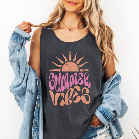 Summer Vibes Tank Top – Comfort Colors Sleeveless Tee, Retro Sun Graphic, Pink and Orange Groovy Shirt