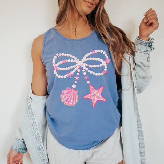 Coquette Seashell Bow Tank Top – Comfort Colors Summer Beach Tank, Pearls & Starfish Coastal Tee