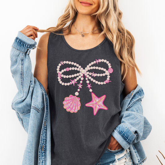 Coquette Seashell Bow Tank Top – Comfort Colors Summer Beach Tank, Pearls & Starfish Coastal Tee