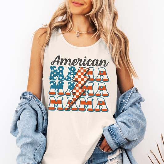 American Mama Tank Top – Comfort Colors 4th of July Shirt for Women – Retro USA Stars and Stripes Lightning Bolt Graphic