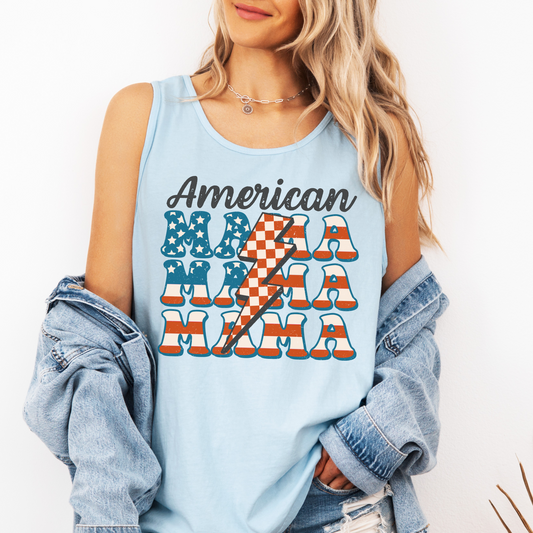American Mama Tank Top – Comfort Colors 4th of July Shirt for Women – Retro USA Stars and Stripes Lightning Bolt Graphic