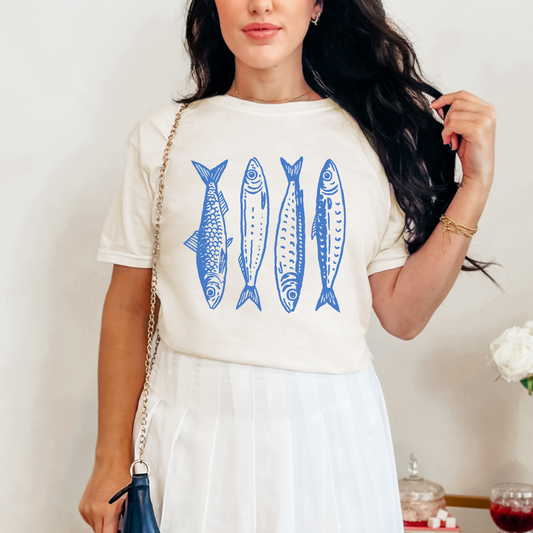 Sardine Graphic Tee – Nautical Coastal Shirt, Minimal Beach Fisherman Style for Women