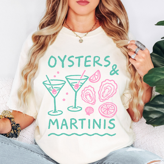 Oysters and Martinis Comfort Colors Shirt – Coastal Bachelorette Tee, Girls Night Out Graphic Tee, Hand-Drawn Summer Party Shirt