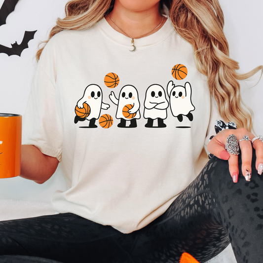 Basketball Ghost Shirt – Comfort Colors Halloween Tee, Cute Ghost Basketball T-Shirt, Spooky Season Fall Sports Shirt