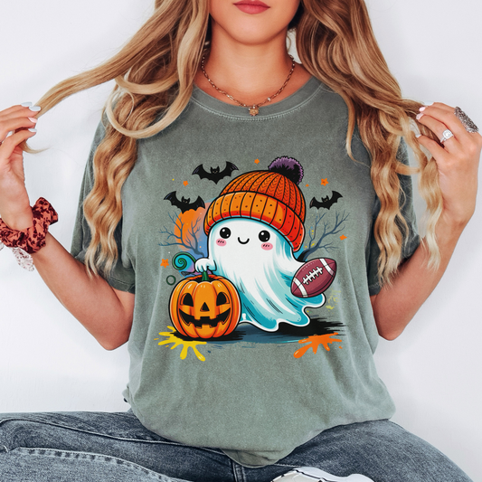 Football Ghost Halloween Shirt – Cute Fall Comfort Colors Tee, Pumpkin & Bat Graphic