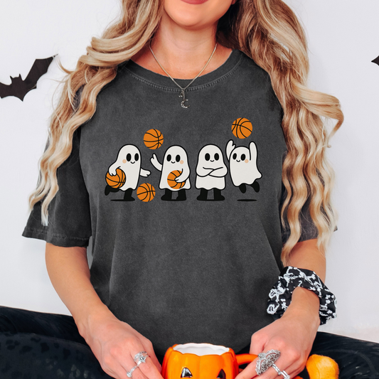 Basketball Ghost Shirt – Comfort Colors Halloween Tee, Cute Ghost Basketball T-Shirt, Spooky Season Fall Sports Shirt