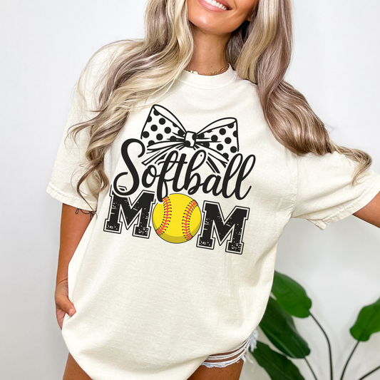 Softball Mom Comfort Colors Tee – Polka Dot Bow Game Day Shirt for Moms