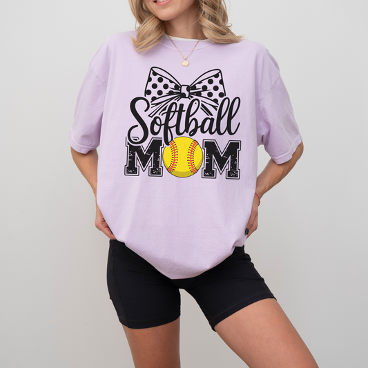 Softball Mom Comfort Colors Tee – Polka Dot Bow Game Day Shirt for Moms