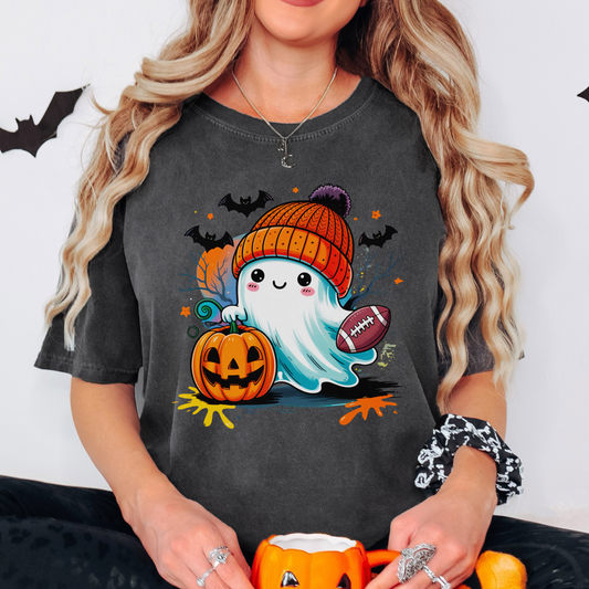Football Ghost Halloween Shirt – Cute Fall Comfort Colors Tee, Pumpkin & Bat Graphic