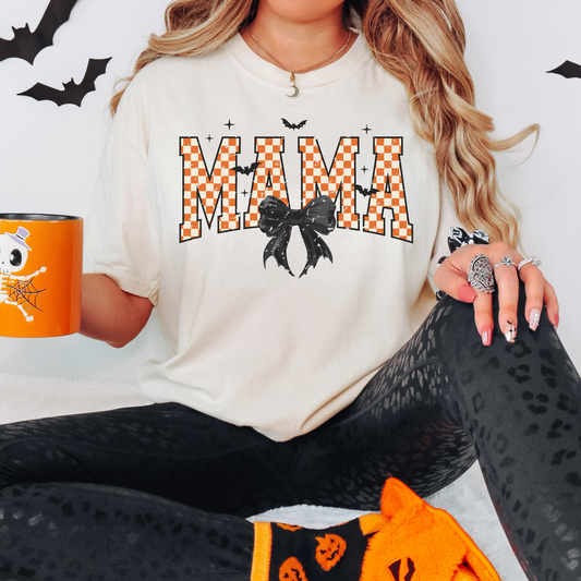 Halloween Mama Comfort Colors Shirt – Checkerboard Bow Fall Graphic Tee