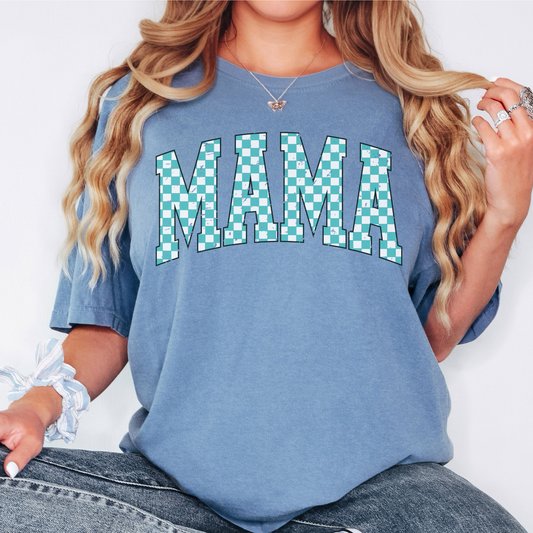 MAMA Checkered Shirt – Comfort Colors Vintage Mom Tee, Teal Checkerboard Graphic, Trendy Retro Mama Shirt