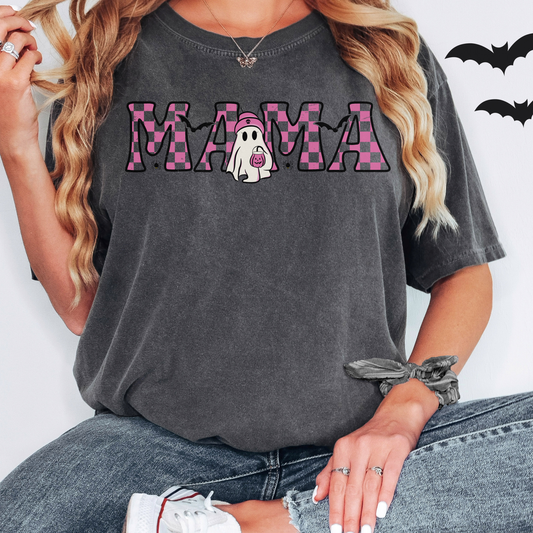 Halloween Mama Comfort Colors Tee – Pink Ghost Checkered Fall Shirt for Moms