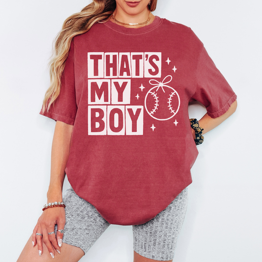 That’s My Boy Baseball Mom Shirt – Comfort Colors Tee with Bow Baseball Graphic, Vintage Distressed Block Letters, Game Day Shirt