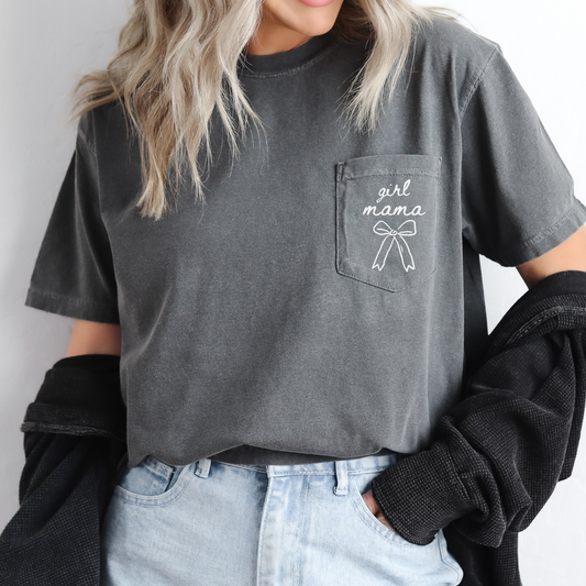 Girl Mama Comfort Colors Pocket Tee – Coquette Bow Mom Shirt, Cute Girly Mom Graphic T-Shirt