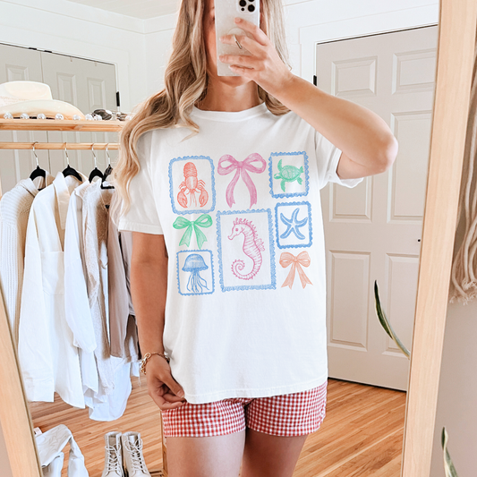 Retro Pastel Bow and Beach Graphic Tee – Comfort Colors White, Summer Coastal Aesthetic T-Shirt for Women
