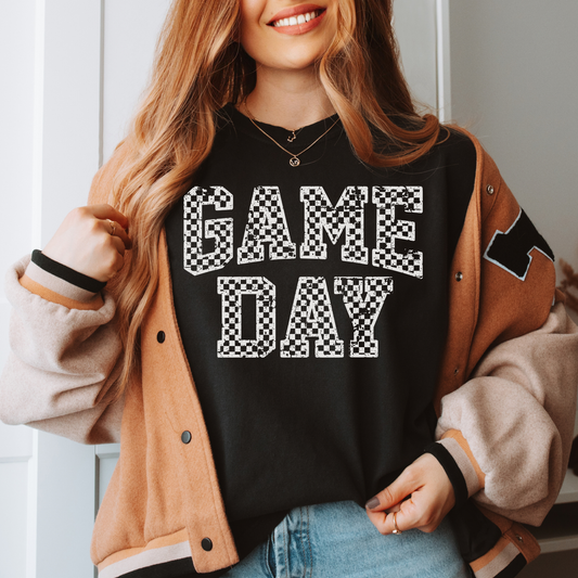 Game Day Checkered Letter Shirt – Comfort Colors Vintage Tee for Tailgates & Sports Fans