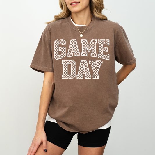 Game Day Checkered Letter Shirt – Comfort Colors Vintage Tee for Tailgates & Sports Fans