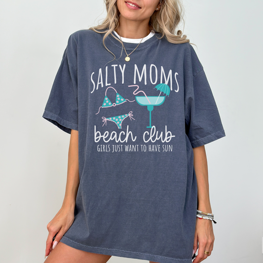 Salty Moms Beach Club Shirt – Comfort Colors Summer Graphic Tee, Girls Just Want to Have Sun Shirt, Beach Vacation Mom Shirt