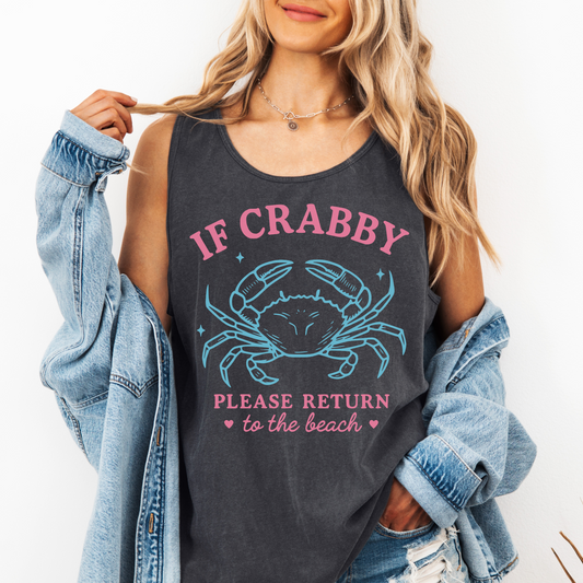 If Crabby Please Return to the Beach Tank Top – Funny Coastal Summer Shirt, Comfort Colors® White or Pepper, Blue Crab Beach Shirt for Women
