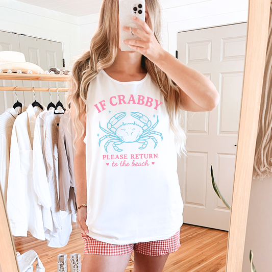 If Crabby Please Return to the Beach Tank Top – Funny Coastal Summer Shirt, Comfort Colors® White or Pepper, Blue Crab Beach Shirt for Women
