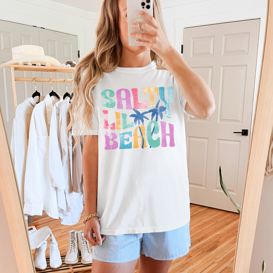 Salty Lil Beach T-Shirt – Comfort Colors Summer Tee, Funny Coastal Shirt, Pastel Palm Tree Beach Vibes