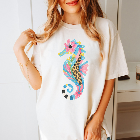 Colorful Seahorse Summer Shirt – Coastal Beach Graphic Tee, Comfort Colors® Ivory, Leopard Print and Floral Ocean Shirt for Women