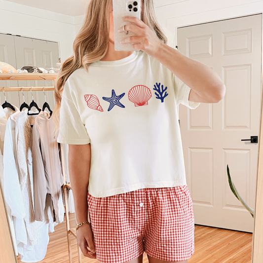 Coastal Shells Tee – Comfort Colors Ivory Boxy Shirt, Beach Starfish Coral Summer Top
