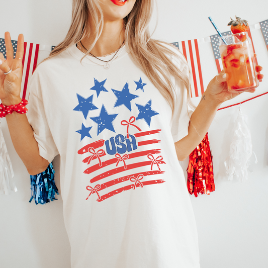 Coquette USA 4th of July T-Shirt – Comfort Colors Patriotic Tee with Stars, Bows & Stripes – Red White Blue Fourth of July Shirt for Women