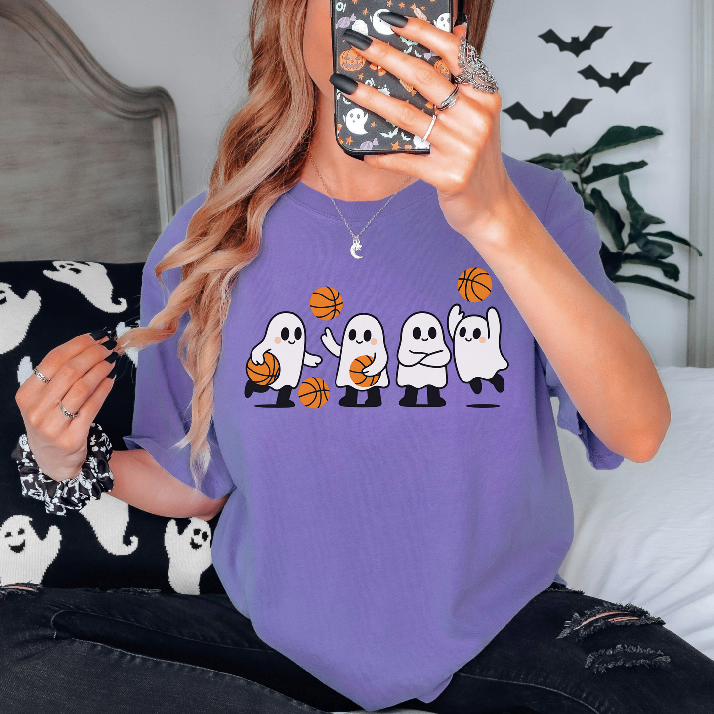 Basketball Ghost Shirt – Comfort Colors Halloween Tee, Cute Ghost Basketball T-Shirt, Spooky Season Fall Sports Shirt